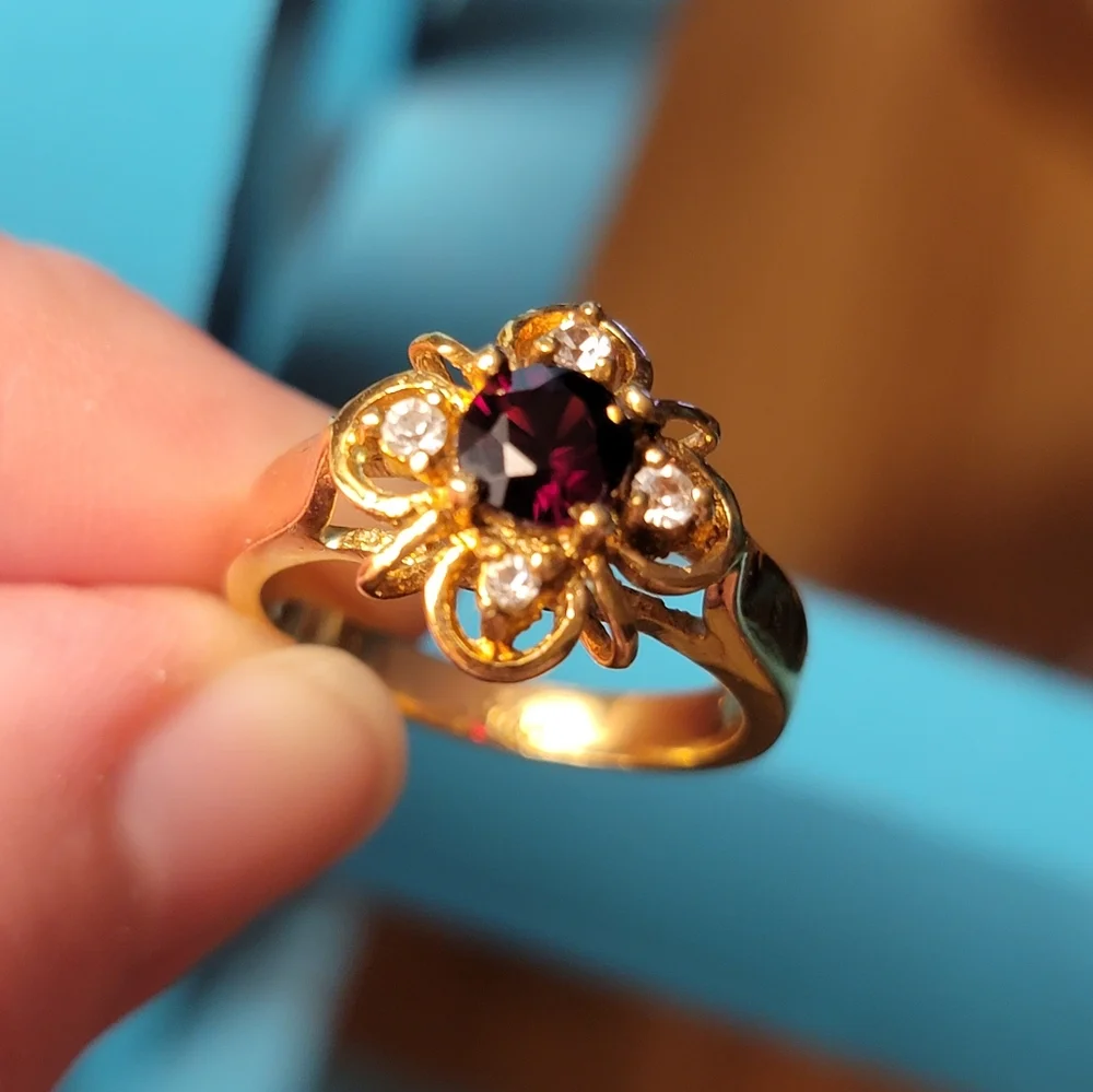 Vintage DAC Garnet Gold Plated Simulated January Birthstone Ring Size 9.5